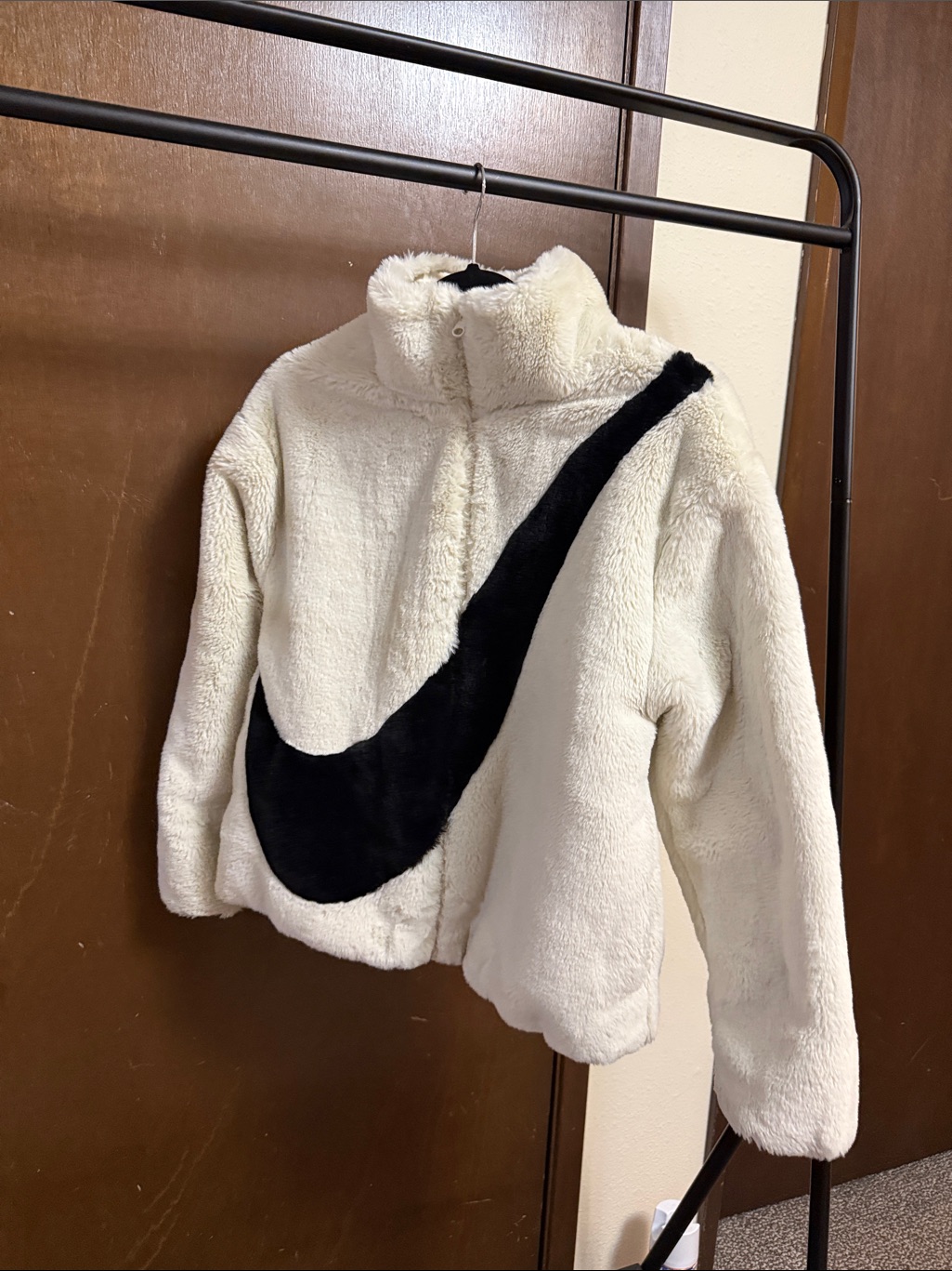 Nike Asia-Exclusive Faux Fur Jacket With Oversized Swoosh In Cream And Black